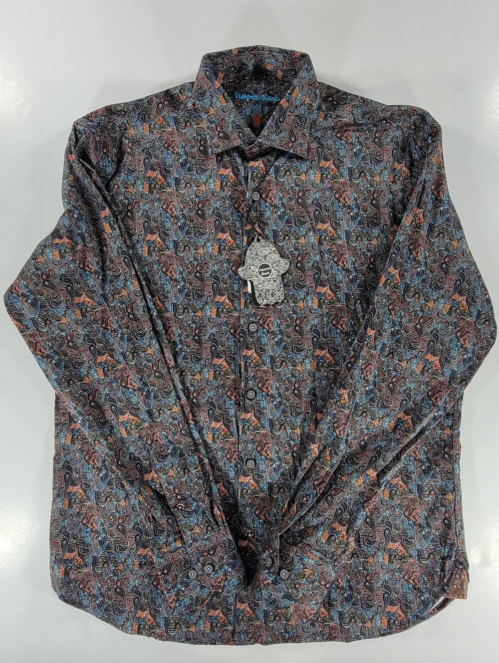 NEW Visconti Black Men Cotton Stretch Dress Shirt Colorful Paisley Medium NWT